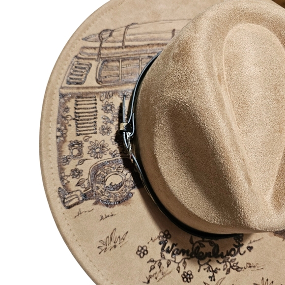 Hand Burned Tan Fedora Hat With A Hippie, Boho Vibe. Wanderlust. - Picture 2 of 6
